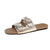Bonnyshow  Belt Buckle Slippers Women's Fashion Round Head Open Toe Metal Buckle Soft Soled Non-slip Wear-resistant Flat Shoes