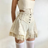 Bonnyshow Sweet Mesh Tiered Ruffle Shorts Skirts Khaki Wide Form Side Bandage Cute Hot Pants Lolita Style Soft Girls Shorts Y2K