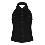 Bonnyshow  Fashion Solid Hottie Safari Style Simple Women Halter Shirts Pocket Slim Fit Backless Summer Blouses