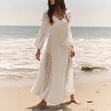 Bonnyshow  Women Lace Embroidery Crochet Hooks Long Dresses Sexy V Neck Hollow A-Line Party Dress Spring Autumn Flare Sleeve Tie-up Vestido