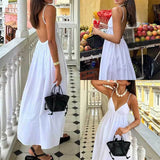 Bonnyshow  Lady Simple Backless High Waist Hem Beach Dress Summer Deep V Neck White Sling Dress Elegant Causal Sleeveless A-Line Long Dress