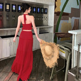 Bonnyshow  Sexy Pleated 2 Piece Suit Women Halter Backless Lace Up Tank Slim Hip Package Long Skirt Female Set Spring Summer Lady Sets