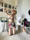 Bonnyshow Woman Aesthetics Bra Gyaru Outfits Ins Bustier Sexy 2 Piece Skirt Sweet Set Mini Y2k Skirt A-line Elegant Set Lace Up Knit Print