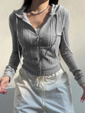 Bonnyshow Gray Zip Up Knitted Hooded Jackets Women Pockets Details Solid Simple Basic Minimalist Slim Long Sleeve Hoodies Knitwear