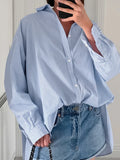 Bonnyshow Women's Shirt 100% Cotton Blue Striped Long Sleeved Leisure And Fashion Versatile Shirt Top Blue Loose Fitting Shirt
