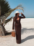 Bonnyshow  Knit Hollow Women's Dress Elegant Halter Lace Up Full Sleeve Long Dressess Female Summer Fashion Lady Vacation Robes 2025