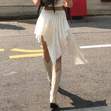 Bonnyshow  Patchwork High Waist See-Through Casual Streetwear Irregular Female Y2k Skirt 2025 White Lace Summer Sexy Skirt For Women