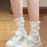 Bonnyshow 2/5 Pairs Cotton Bow Ruffles Ankle Socks For Women Lolita Cute Kawaii Stocking Girl Spring Black White Middle Tube Japanese Sox