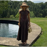 Bonnyshow  Solid Pleated Short Sleeve Women Dress Minimalist Waist Loose Skirt 2025 Summer Casual Female Vestido Daily Commuting Lady Robe