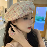 Bonnyshow Korean Plaid Beret for Women Spring Autumn Cotton Painter Hat Vintage French Lady Girls Octagonal Caps