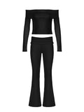 Bonnyshow Women Solid Skinny Ruched Off Shoulder Long Sleeve Tee Shirt And Flared Pants 2 Pieces Sets