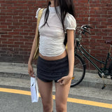 Bonnyshow  Shirred Slim Waist Top Summer Sexy Translucent Turtleneck Mesh T-shirt Polka Dot Printed Short Sleeve Tops Streetwear