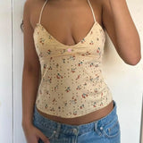 Bonnyshow  Y2K Backless Strappy Tie-up Halter Camis Floral V Neck Bustier Crop Tops Fairy Coquette Ruffle Trim Sleeveless Vest