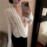 Bonnyshow Korean Lace Splicing See-through White Long-sleeved T-shirt Women 2025 Spring New Streetwear Pleated Sexy Slim All Match Tops