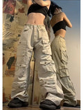 Bonnyshow K Pop Multi-pocket Wide Leg Loose Street Casual Cargo Pants Trend Streetwear Women Y2k Baggy Pants Vintage Sweatpants