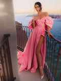 Bonnyshow Pretty Pink Split Long Evening Dresses With Bubble Short Sleeves A-line Long Formal Party Dress Maxi Gowns