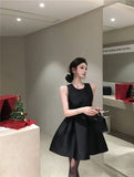 Bonnyshow  French Elegant Bow Sweet Slimming Sleeveless Black Birthday Dress for Women Summer Waist Cinched A-line Mini Dress for Women