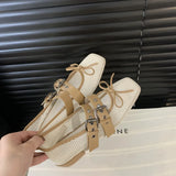 Bonnyshow  Summer Designer Mesh Women Ballet Shoes Fashion Butterfly-Knot Shoes SQUARE BUCKLE Beach Roman Sandals