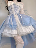 Bonnyshow French Romantic Style Lolita Op Elegant Girl Cosplay Princess Puff Sleeve Ribbon Bowknot Flower Tunic Mesh Fantastic Fairy Dress