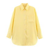 Bonnyshow  Women Oversize Yellow Striped Shirt Front Patch Pocket Long Sleeve Lapel Collar Streetwear Blouse Loose Lady Shirts