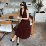 Bonnyshow  Summer New Pleated Skirt Suit For Women Slim Sleeveless Short Vest Top Solid Long Skirt High Waist Fashion Two Pieces Set