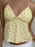 Bonnyshow  Y2K Backless Strappy Tie-up Halter Camis Floral V Neck Bustier Crop Tops Fairy Coquette Ruffle Trim Sleeveless Vest