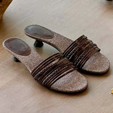 Bonnyshow  Luxury Designer Summer Low Heel Women Weave Slippers Elegant Open Toe Dress Slides Outdoor Gladiator Shoes