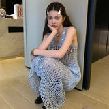 Bonnyshow  Hollow Crystal Glass Beads Decorated Knitted Overlapping Dress Casual Holiday Style Idle Long Dress Tank Dress Women'S Loose