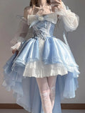 Bonnyshow French Romantic Style Lolita Op Elegant Girl Cosplay Princess Puff Sleeve Ribbon Bowknot Flower Tunic Mesh Fantastic Fairy Dress