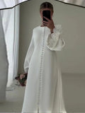 Bonnyshow  Luxury White Elegant Lace Flare Sleeve Single-breasted Midi Dresses Women Fashion O Neck Slit Solid Dress 2024 Lady office Robe