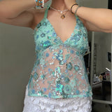 Bonnyshow  Sexy Sequin Embroidery Halter Top Women Delicate Floral Pattern Exquisite Mesh Tanks Female 2025 Summer Beach Vacation Lady Vest