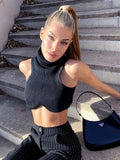 Bonnyshow Y2k Black Knitting Turtleneck Crop Top Women Sexy Irregularity Skinny Elasticity Tank Top Fashion Club Top Streetwear