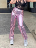 Bonnyshow Silver Summer Straight Women's Pants PU Clothing Solid Casual Pocket Trousers Streetwear Fashion High Waist Ankle-Length Pants