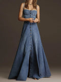 Bonnyshow Fashion Women Denim Tank Dress Vintage Square Collar Waisted Sundress  Summer Buttons Maxi Dress Holiday Solid Robes