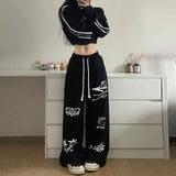 Bonnyshow Retro streetwear graffiti pants Hip hop baggy sweatpants versatile straight leg trousers wide leg drawstring slacks Y2K pants