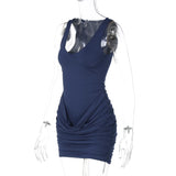Bonnyshow  Sleeveless Ruched Patchwork Mini Dress Women’S Solid Sexy Casual Outfit Party Club Streetwear Spring Summer Dress