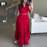 Bonnyshow  Lace Women's V Neck Patchwork Party Dress Sexy Hollow Out Sleeveless Pleated Holiday Dress Elegant Embroidery Solid Long Dresses