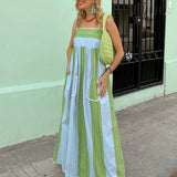 Bonnyshow  Women Summer Boho Striped Long Dress Sleeveless Flowy A Line Maxi Sundress Ladies Vacation Going Out Beach Dress