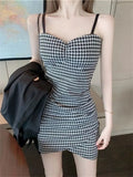 Bonnyshow  Woman Spring Summer Style Bodycon Dress Female Sexy Sleeveless Spaghetti Strap Pleated Sheath Dress Vestidos