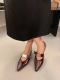 Bonnyshow  Women's Retro Pointed Toe Low-Heeled Casual Shoes 2025 Luxury Fashion Buckle Design Fine Plaid Leather Single Shoes