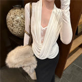 Bonnyshow Korean Lace Splicing See-through White Long-sleeved T-shirt Women 2025 Spring New Streetwear Pleated Sexy Slim All Match Tops