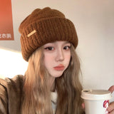 Bonnyshow Winter Knit Beanie Hat Women Korean Solid Color Warm Loose Cap Autumn Thicken Crochet Woolen Hats Female Lady Skullcap