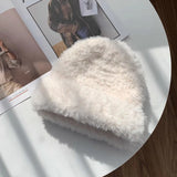 Bonnyshow Winter Plush Knitted Beanie Cap for Women Korean Thicken Warm Pullover Hat Female Girls Outdoor Solid Color Ear Protection Hats