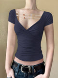 Bonnyshow  Simple Beading V-Neck Hotsweet Summer T-Shirts Short Sleeve Slim Cute Design Fashion Women Blouses