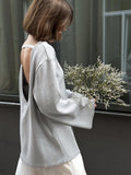 Bonnyshow  Solid Knitted Loose Backless Sweater Women Autumn New Scoop Neck Long Sleeve Sweaters Simple Casual Fashion Pullover Jumper Tops