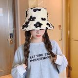 Bonnyshow Korean Flower Plush Bucket Hat for Women Winter Warm Faux Fur Fishermen Cap Solid Color Floral Female Basin Hats