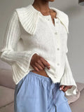 Bonnyshow  Solid Thin Short Cardigan Sweater Women Peter Pan Collar Button-up Long Sleeve Jumper Autumn Casual Simple Slim Knit Outerwear