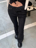 Bonnyshow  Stripe Slim Vintage Chic Jeans Zipper Pockets Fashion Low Waisted Button 90s Pants Streetwear All-match For Women