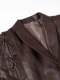 Bonnyshow Casual PU Leather Women's Jacket Fashion Vintage Motorcycle Coat V-neck Lace up Women Coats High Street Ladies Jackets Outwear