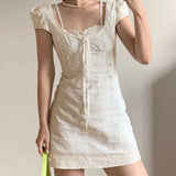 Bonnyshow  Retro Beige Hollow Out Embroidery Mini Dress Sweet Girl Short Sleeve A-line Slim Summer Dresses Holiday Robe